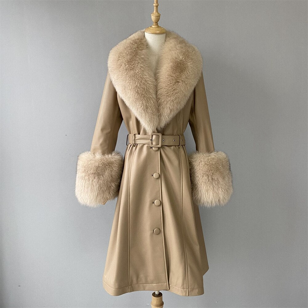 Genuine Leather Ladies Sheepskin w/ Real Fox Fur Collar Trenchcoat