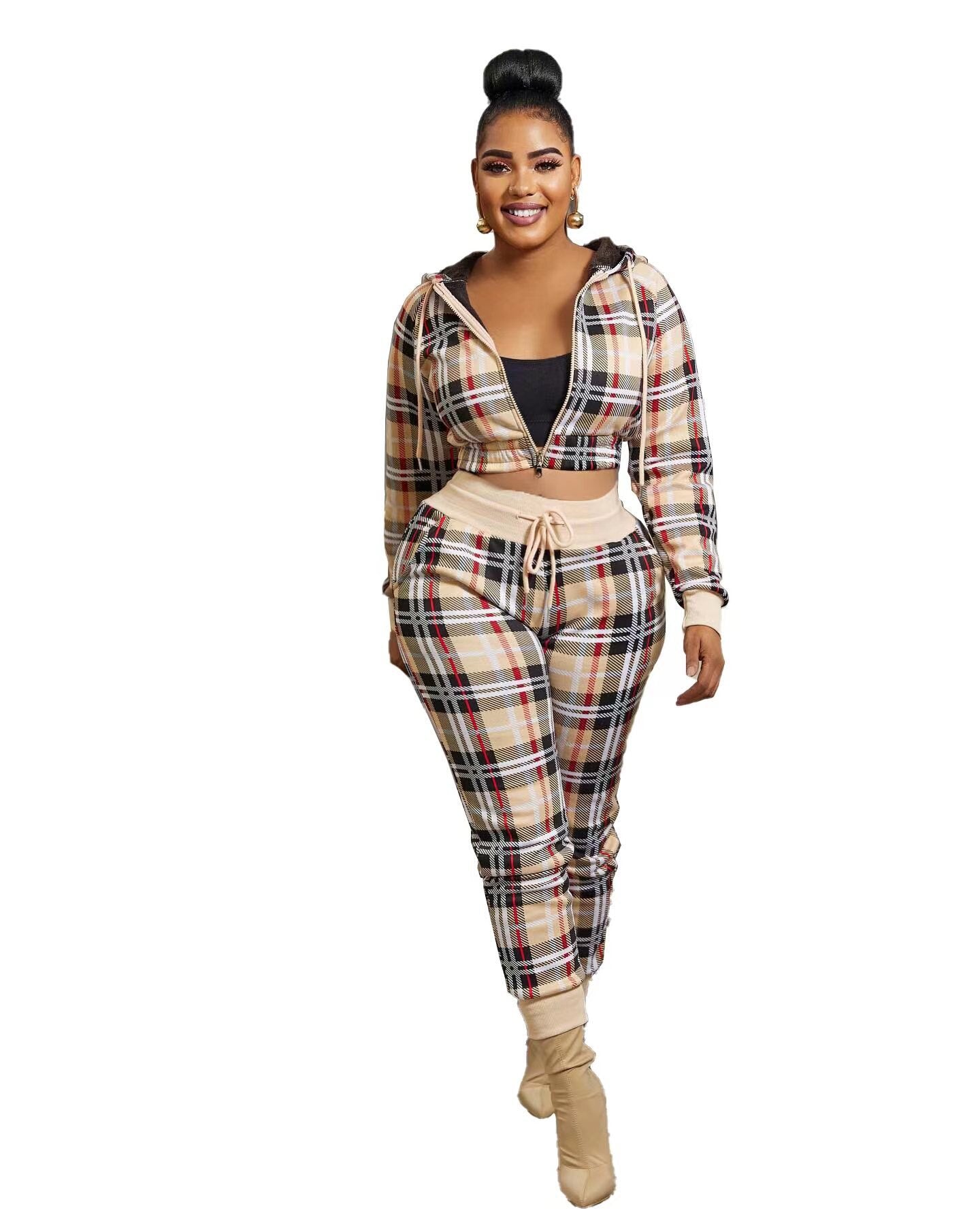 Plaid Ladies Long Sleeve Cropped Zipper Jacket + Matching Sweatpants Tracksuit to 3X Plus Size