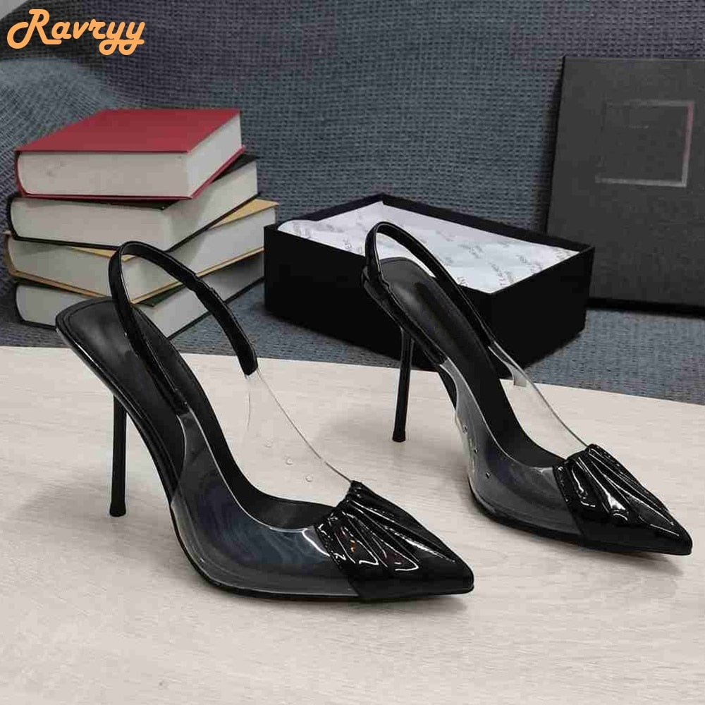 PVC Cover Pointed Toe Patent Leather Pleated Stiletto Heel Back Strap Sandal Pumps