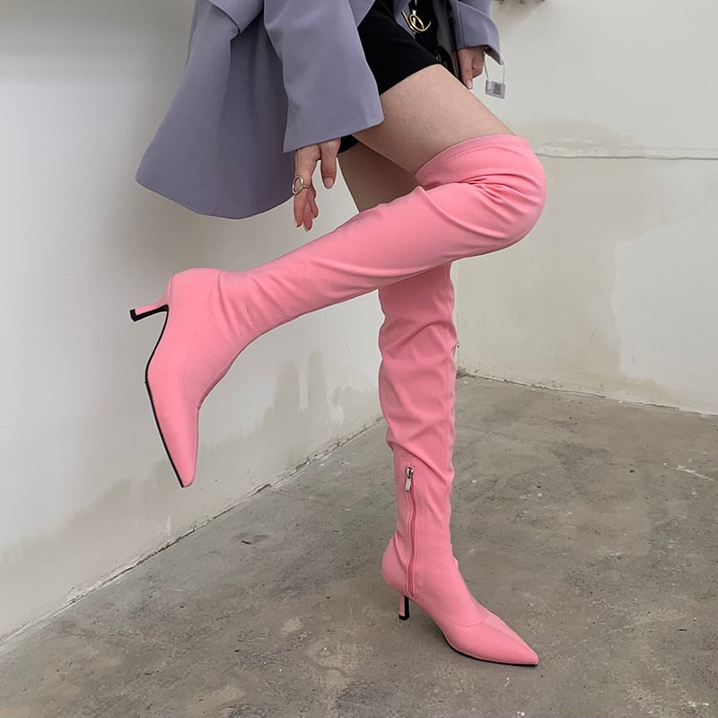 Candy Color Over-The-Knee Pointed Toe Side Zipper Green/Pink/Black/Purple Stretch Fabric Boots