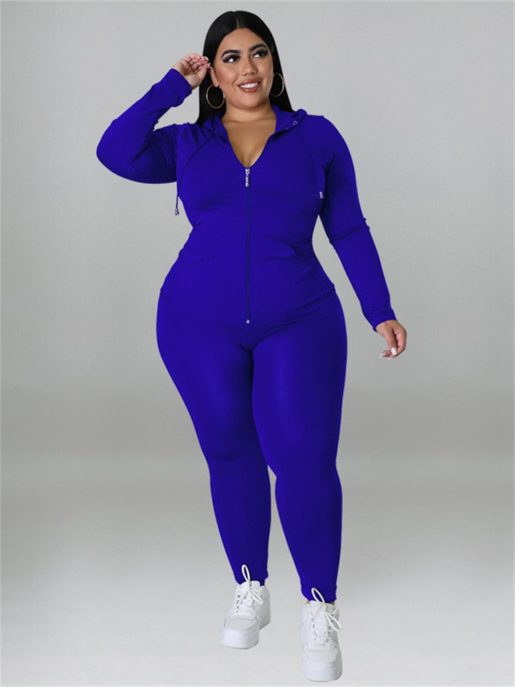 Zipper Hooded Solid Ladies Plus Size Tracksuit to 5X