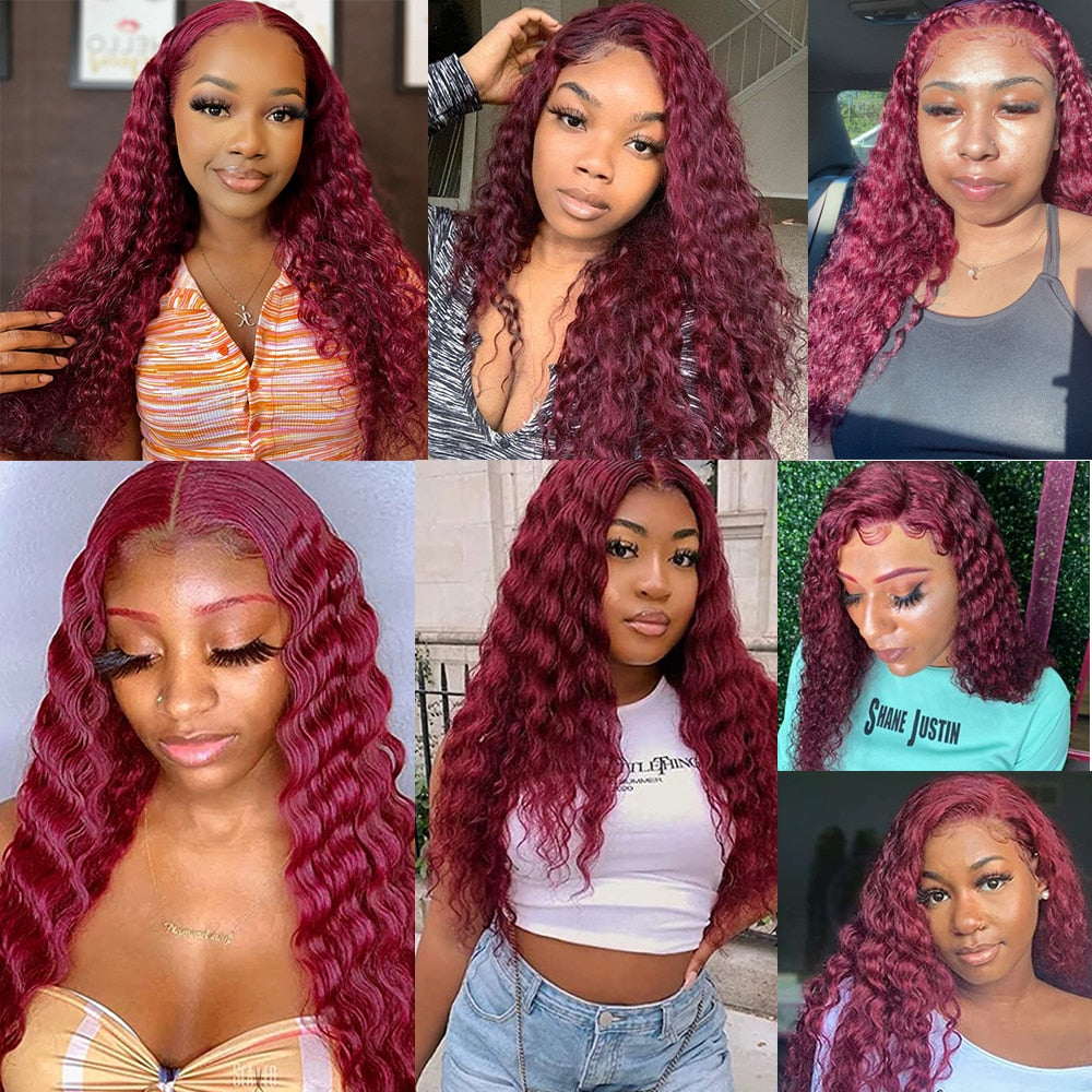 Deep Wave Burgundy 13x4 HD Transparent Lace Frontal Glueless Wiga