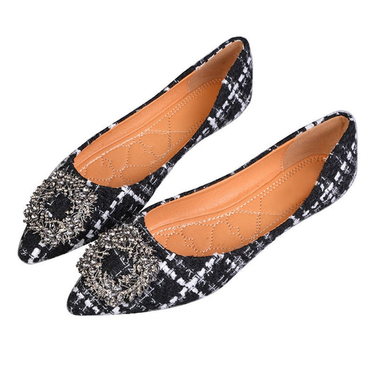 Pendant Detail Pointed Toe Office Ladies Plaid Flats