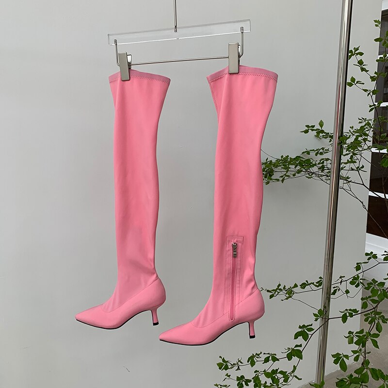 Candy Color Over-The-Knee Pointed Toe Side Zipper Green/Pink/Black/Purple Stretch Fabric Boots