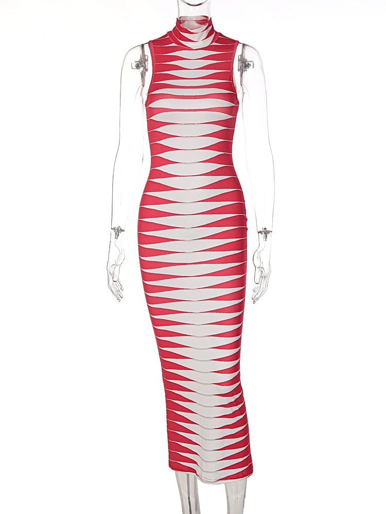 Sleeveless Striped Printed Bodycon Pencil Maxi Dress