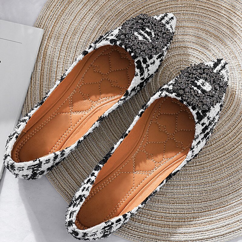 Pendant Detail Pointed Toe Office Ladies Plaid Flats