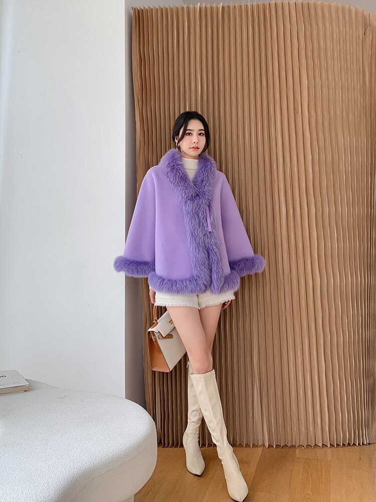 Solid Wool Fox Fur Collar Cheongsam Cloak Retro Tassel Shawl