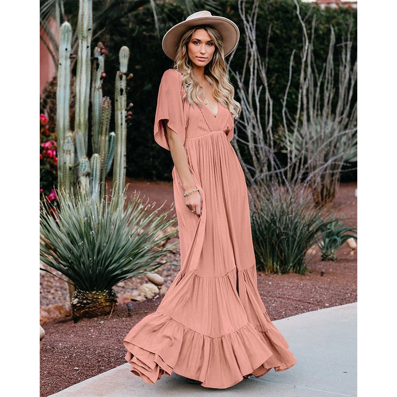 Tiered Vintage Pleated Solid Deep V-Neck Short Sleeve Maxi Dress