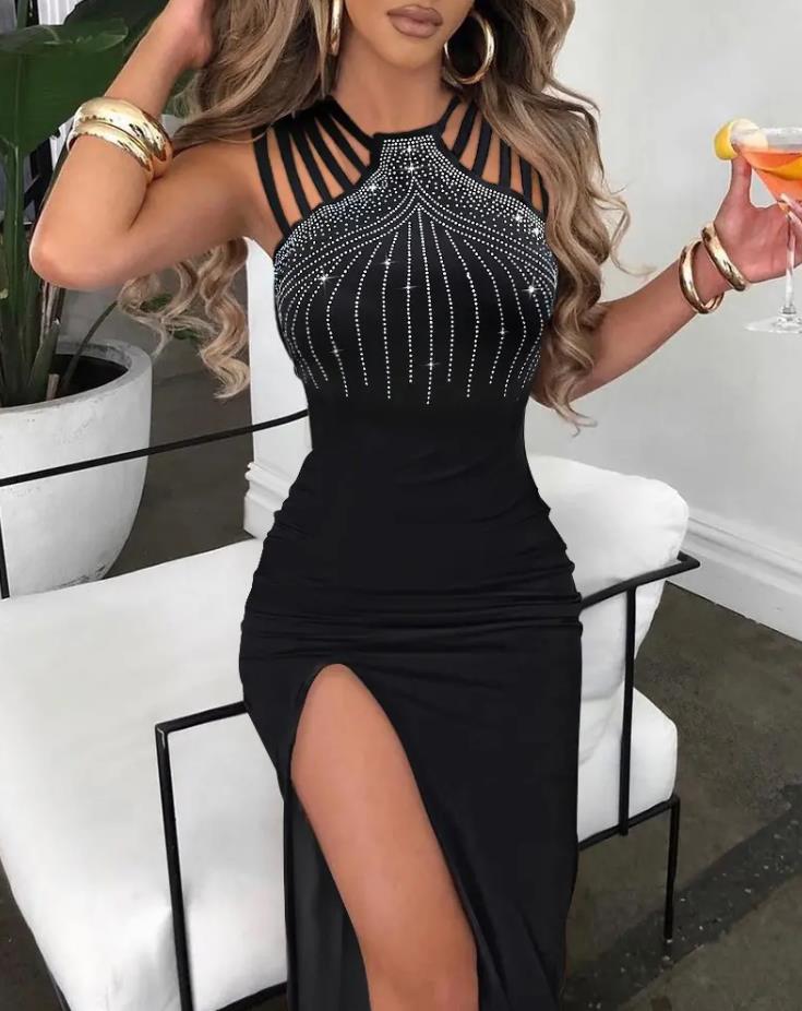 Rhinestone Multi-Strap High Slit O-Neck Sleeveless Maxi Dress