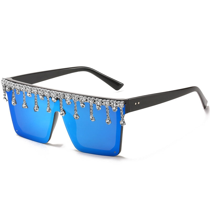 Dripping Iced Out Crystal Rhinestone Tassel Drop Oversized UV400 Ladies Sunglasses