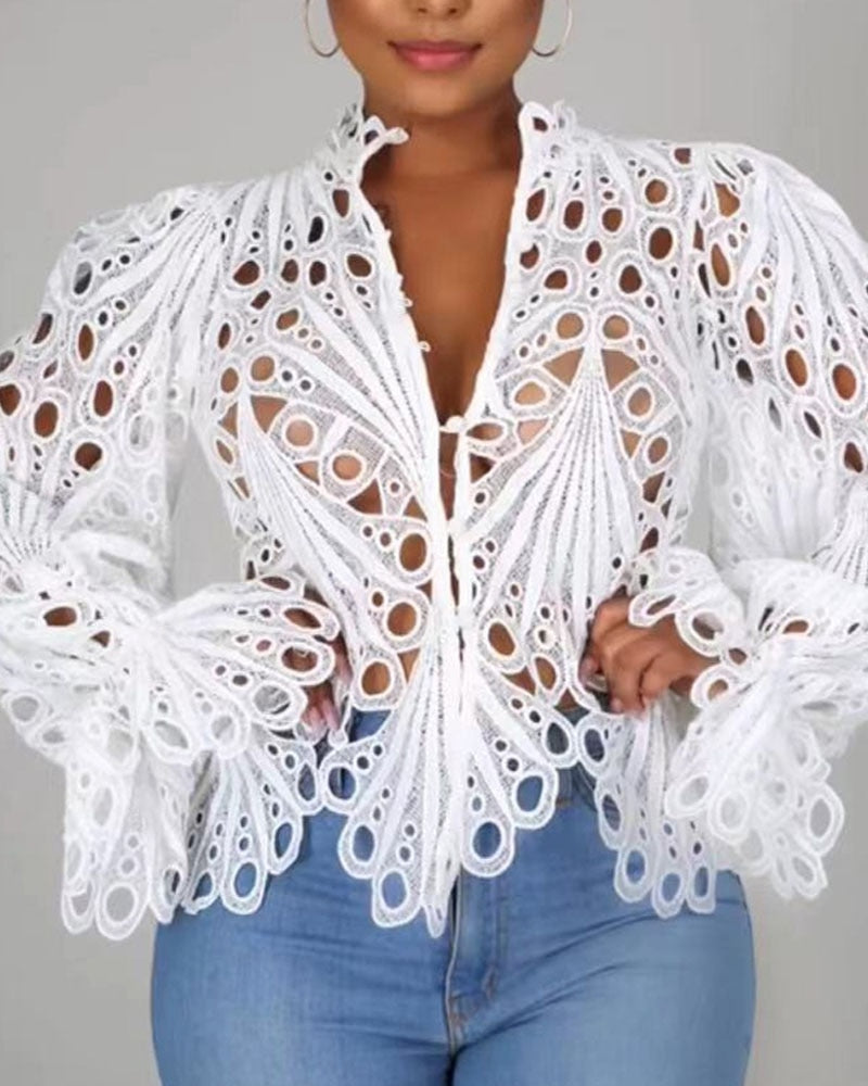 Lace V-Neck Hollow Out Long Sleeve Blouse