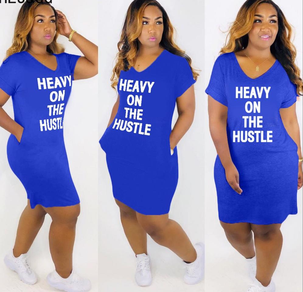 "Heavy On The Hustle" V-Neck Oversized T-Shirt Dress w/ Pockets to 3X Plus Size