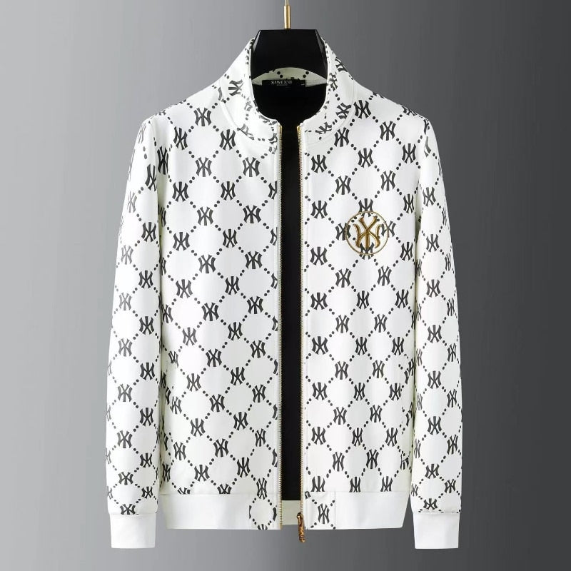 Men's Designer Monogram Print O-Neck Long Sleeve Zipper Jacket + Matching Sweatpants Tracksuit