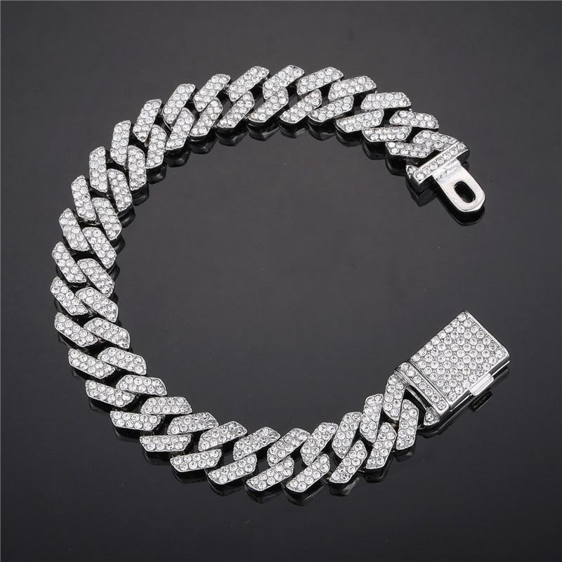 3-Piece Hip Hop Jewelry Sets: Bling Iced Out Miami Zircon Cuban Prong Pave Rhinestone Chain + Watch+ Bracelet