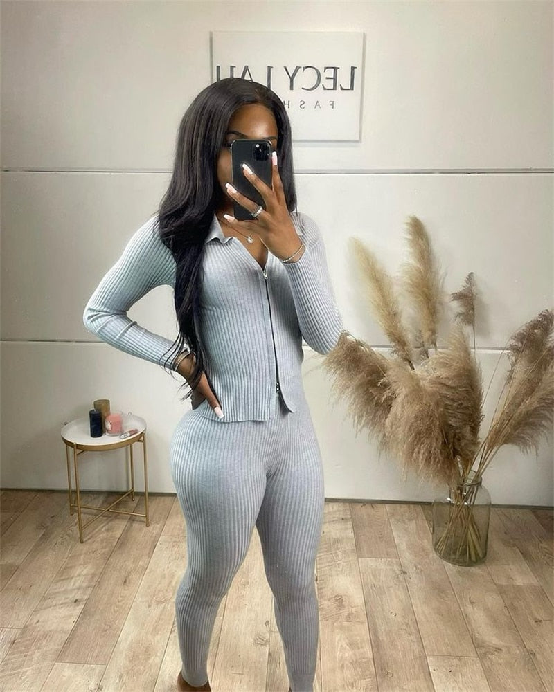 Ribbed Solid Knitted Turn Down Collar Long Sleeve Zipper Jacket + Skinny Leggings 2-Piece Set/Tracksuit