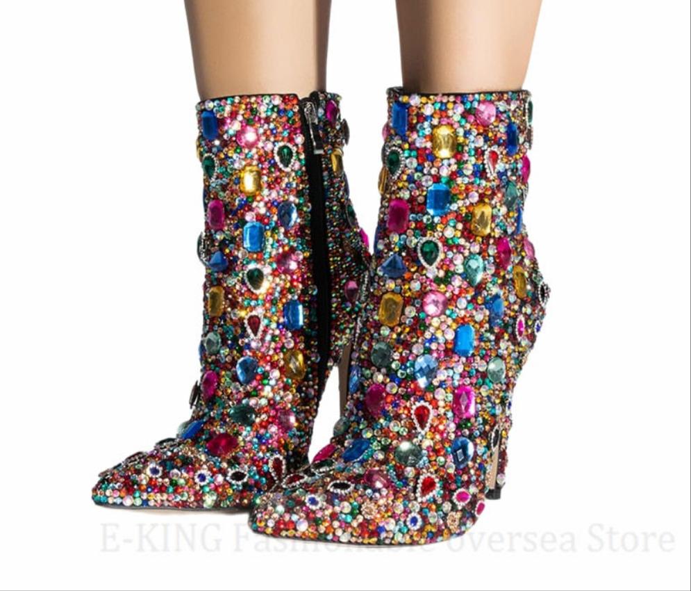 Multicolor Crystal Rhinestone Stiletto Heel Cocktail Ladies Ankle Boots