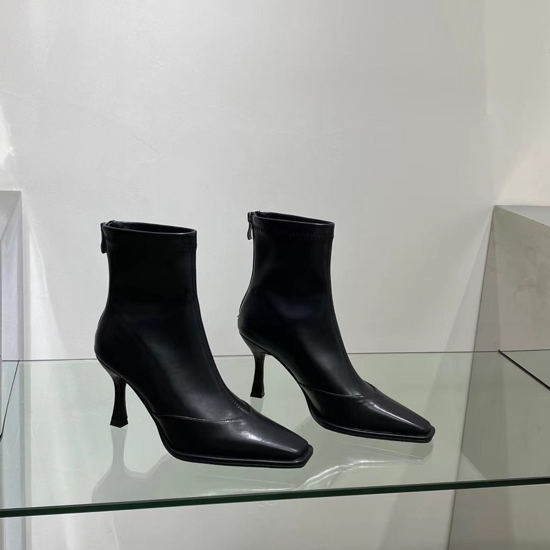 Square Toe Thin Heel Zipper Stretch Ankle Boots