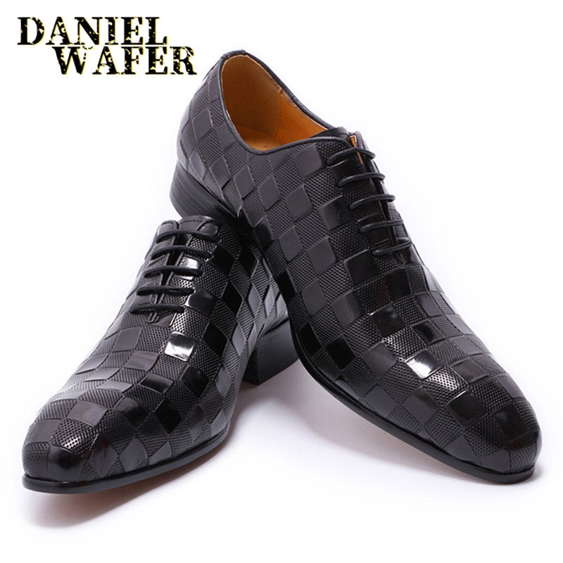 Men's Italian Leather Plaid Print Lace-Up Oxford Dress Shoes