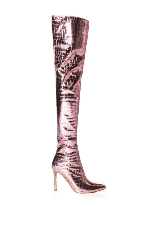 Pink Croc Pattern Pointed Toe Stiletto Thigh High Women's Vegan Leather High Heel Over-the-Knee Zipper Boots