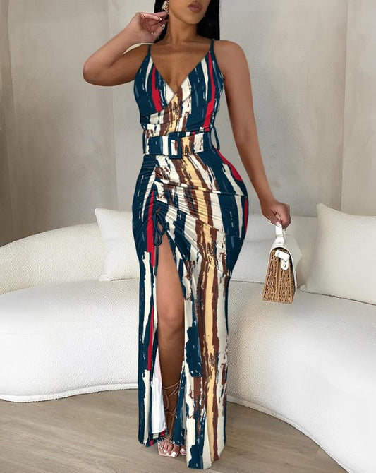 Striped/ Abstract Print V-Neck Sleeveless High Slit Drawstring Dress w/ Belt