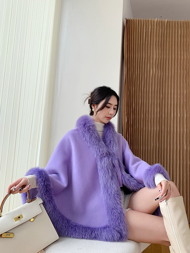 Solid Wool Fox Fur Collar Cheongsam Cloak Retro Tassel Shawl