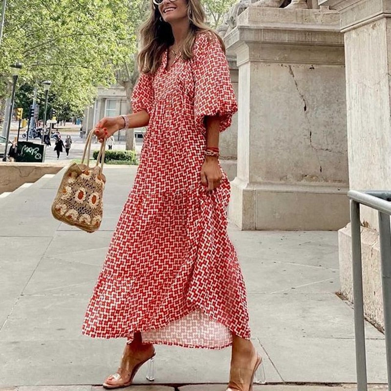 Geometric Dot Floral Puff Sleeve Maxi Drawstring Loose Dress