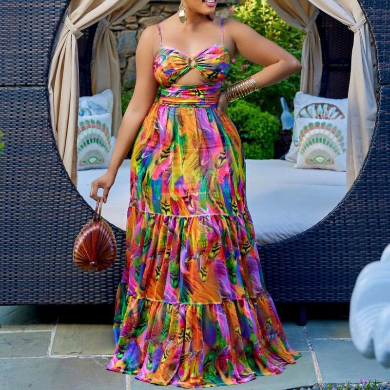 Floral Multi-Colored Print Halter Cut-Out African Plus Size Maxi Dress to 5X