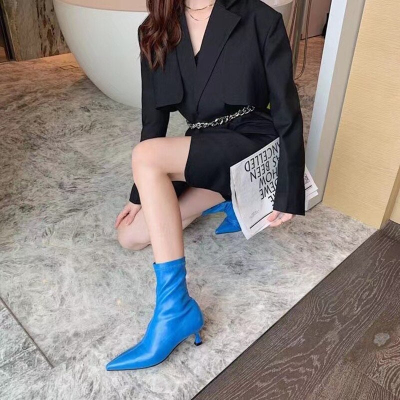 Pointed Toe Stretch Shoes Thin Mid Heel Side Zipper Ankle Boots