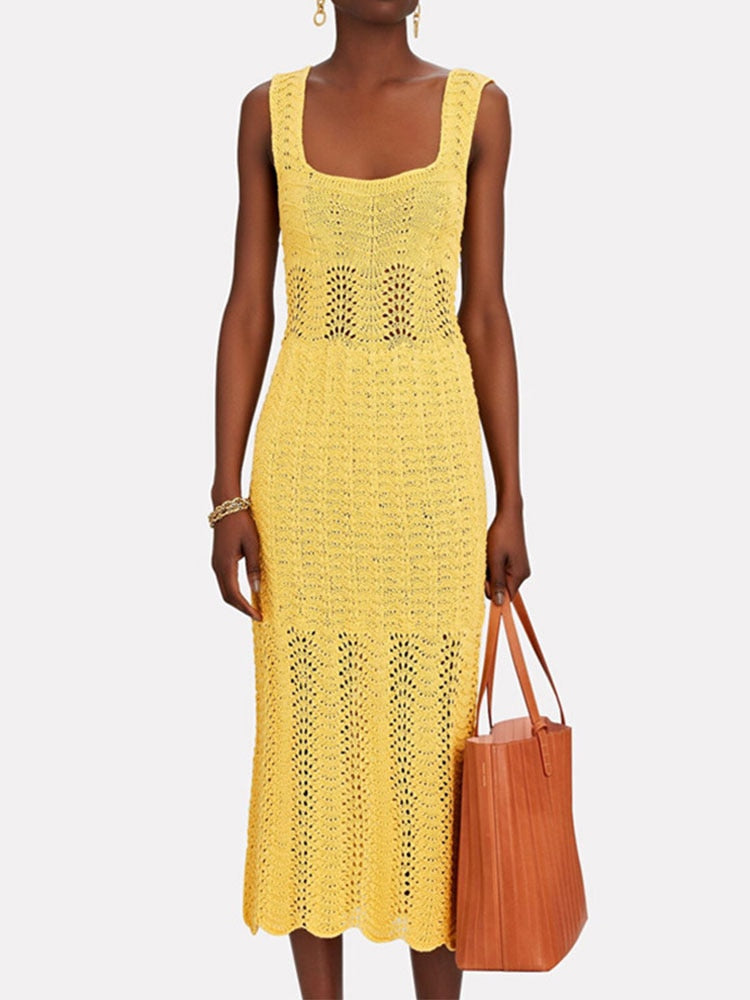 Sleeveless Solid Square Neck Crochet Tunic Maxi Dress