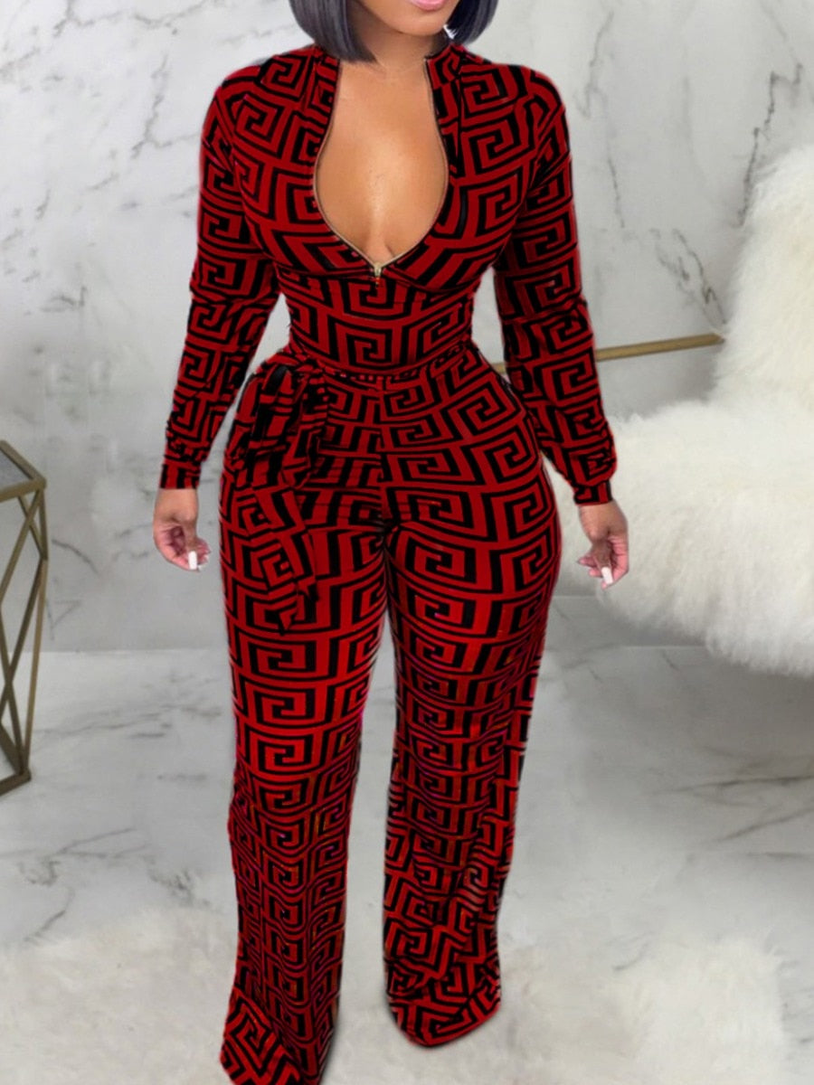 Geometric Print Wide Leg Deep V-Neck Loose Bandage Long Sleeved Jumpsuits Plus to 5X