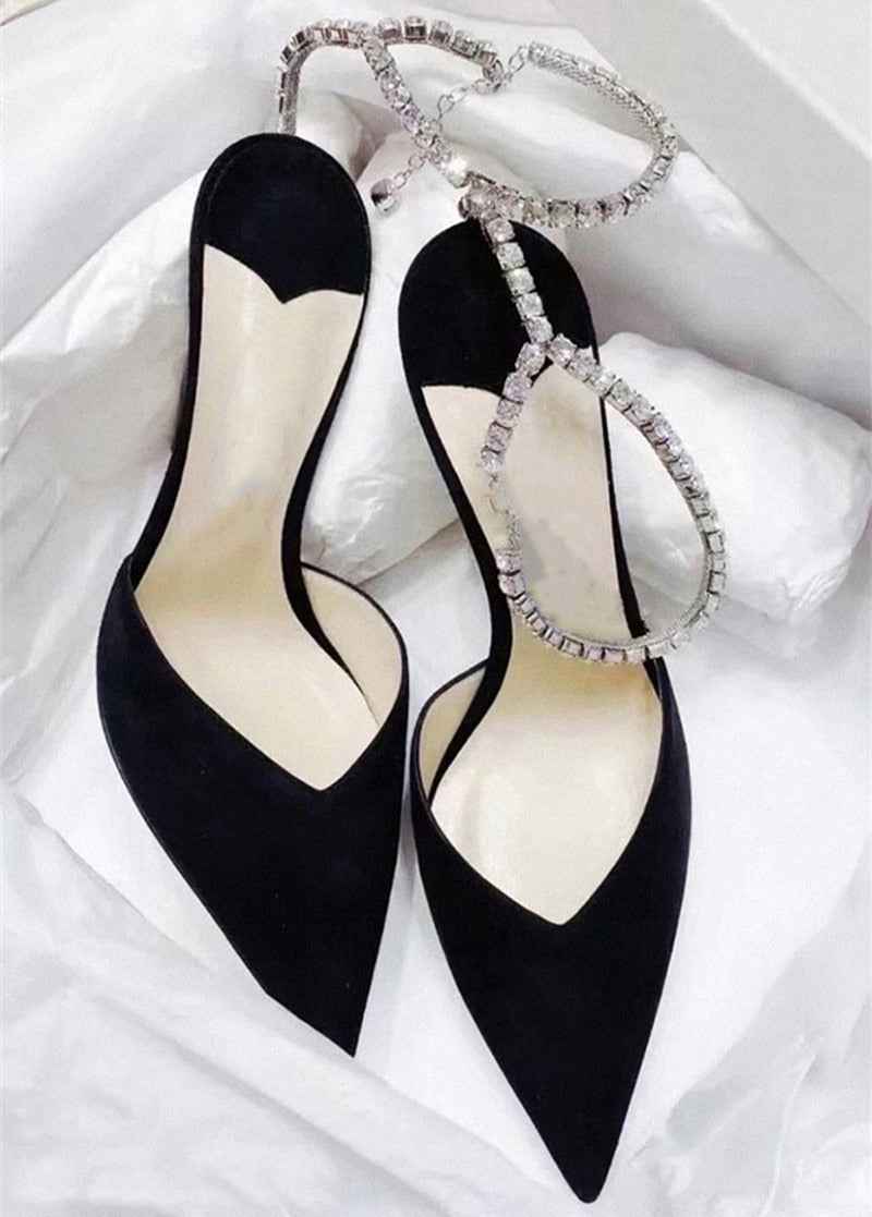 Satin Rhinestone Chain Solid Women's High Heel Ankle Strap Pumps