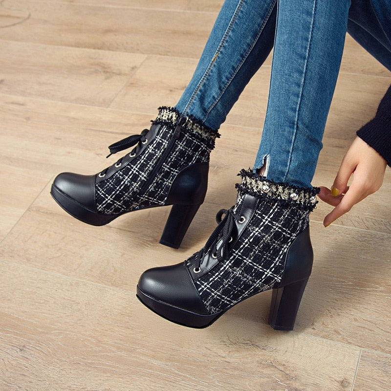 Tweed Plaid Square High Platform Tweed Lace-Up Ankle Boots