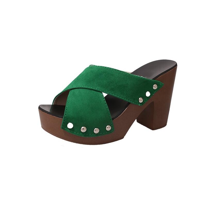 Square High Heel Platform Flock Rivet Peep Toe Sandals