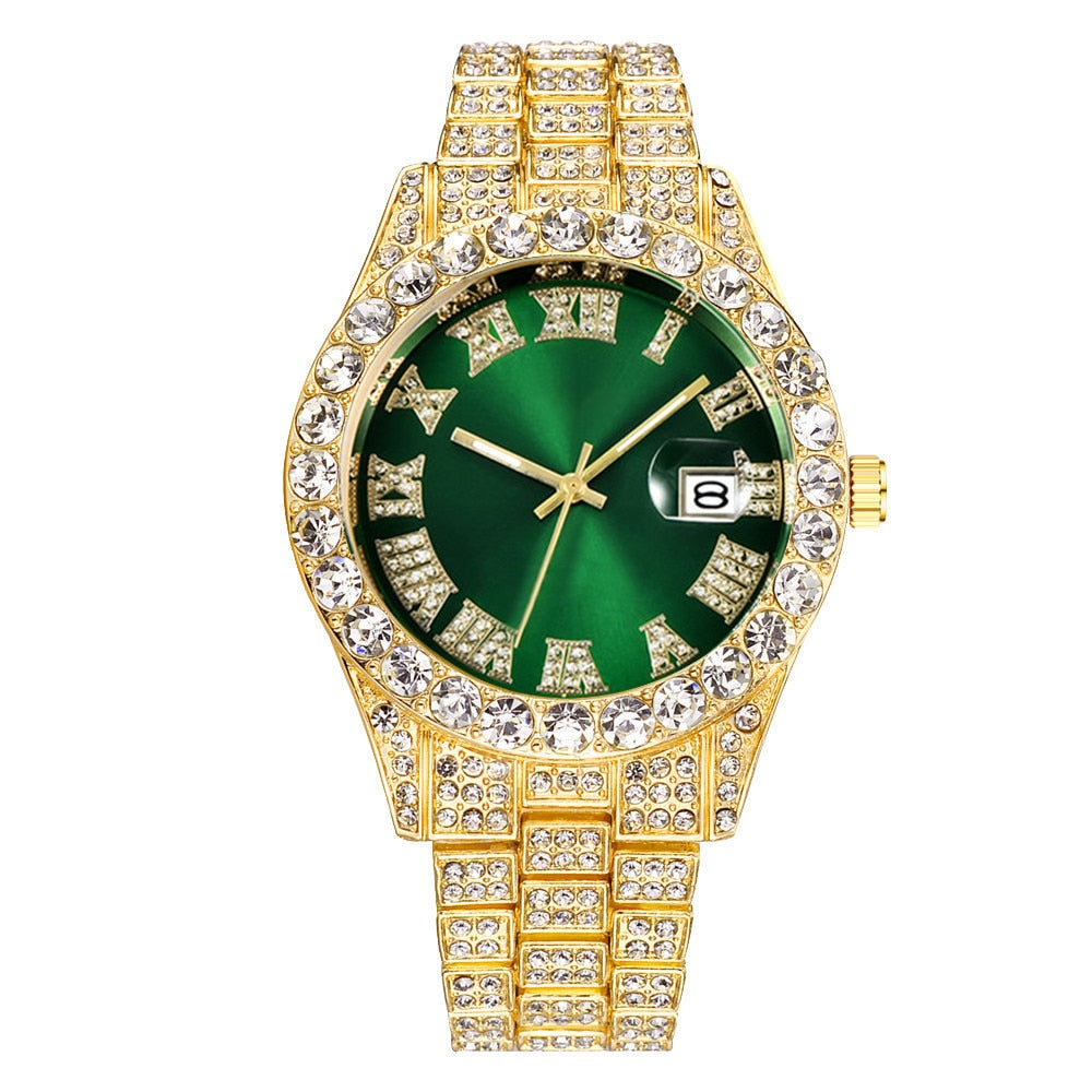 Colored Iced Out Full Diamond Around Luxury Quartz Men's Watches Silve