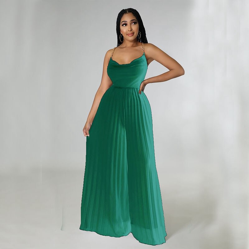 Pleated Chiffon Spaghetti Chain Strap Backless Wide Leg Jumpsuit