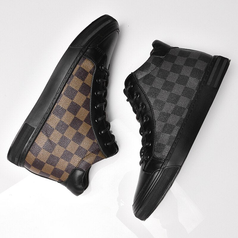 Checkered Pattern Genuine Leather Men's Ankle Boots