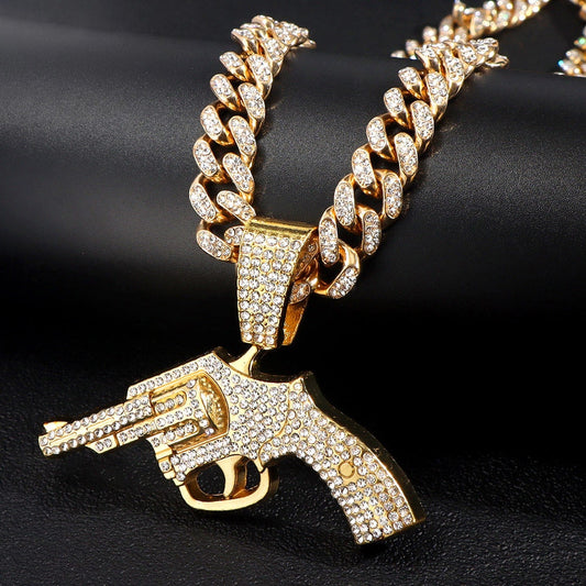 Bling Iced Out Revolver Gun Pendant Necklace With 13mm Crystal Cuban Link Chain Necklace