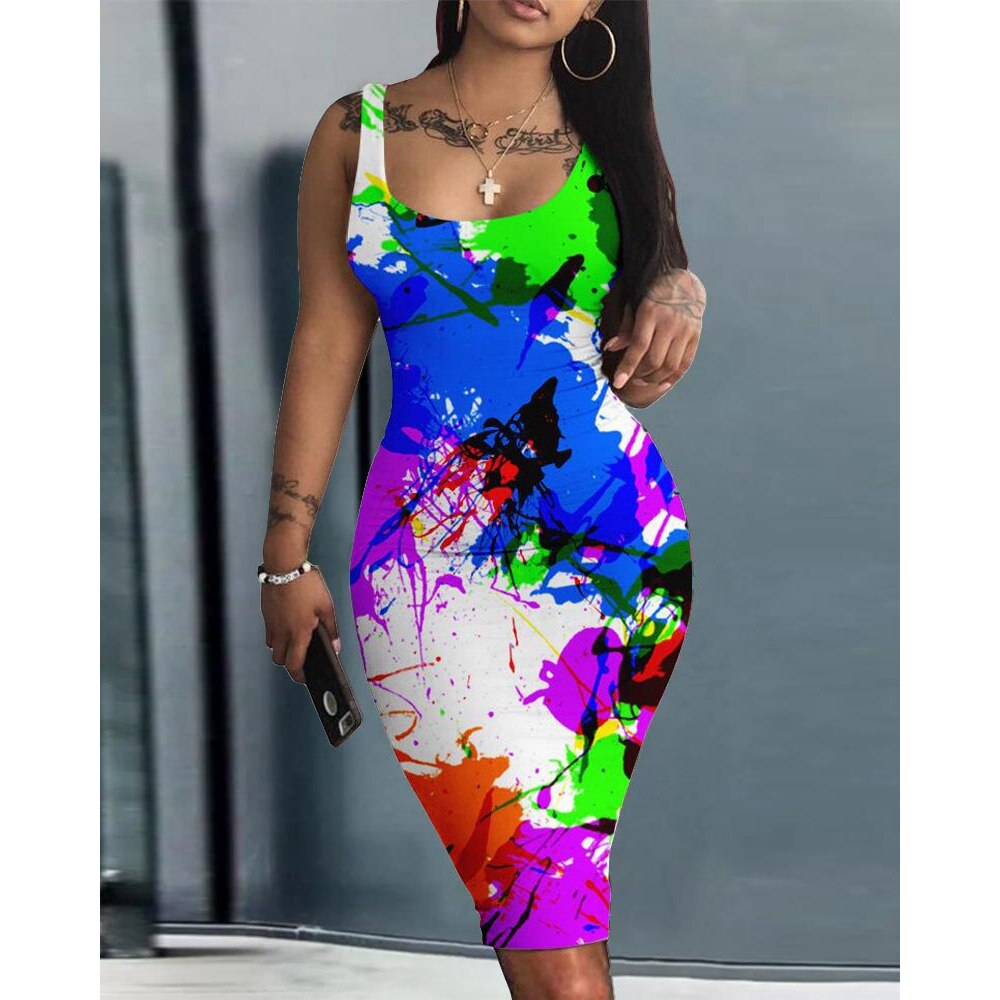 Sleeveless Bodycon U-Neck Abstract Skinny Dress