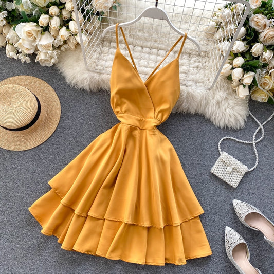 V-Neck Backless Lace Up Ruffles Cakes Solid A-line High Waist Dress