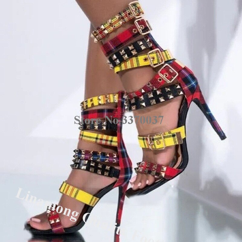 Metal Rivet Buckle Gladiator Denim Patchwork Stiletto Studded Sandal Pumps