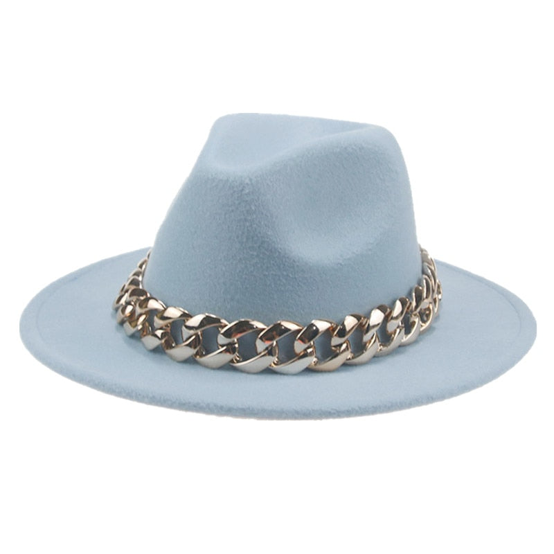 Unisex Gold Chain Design Wide Brim Panama Fedora Hat