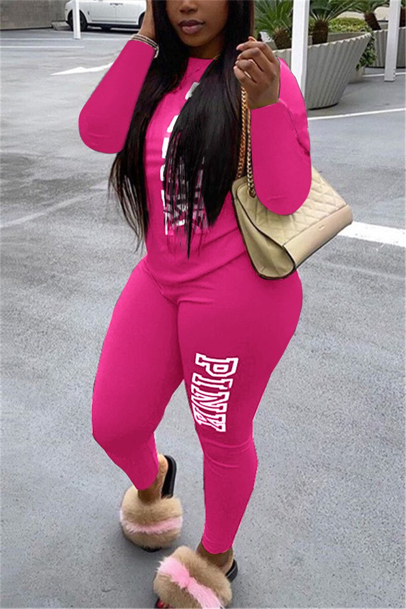 "PINK" O-Neck Letter Print Long Sleeve Women's T-Shirt + Leggings 2-Piece Set to 5X Plus Size