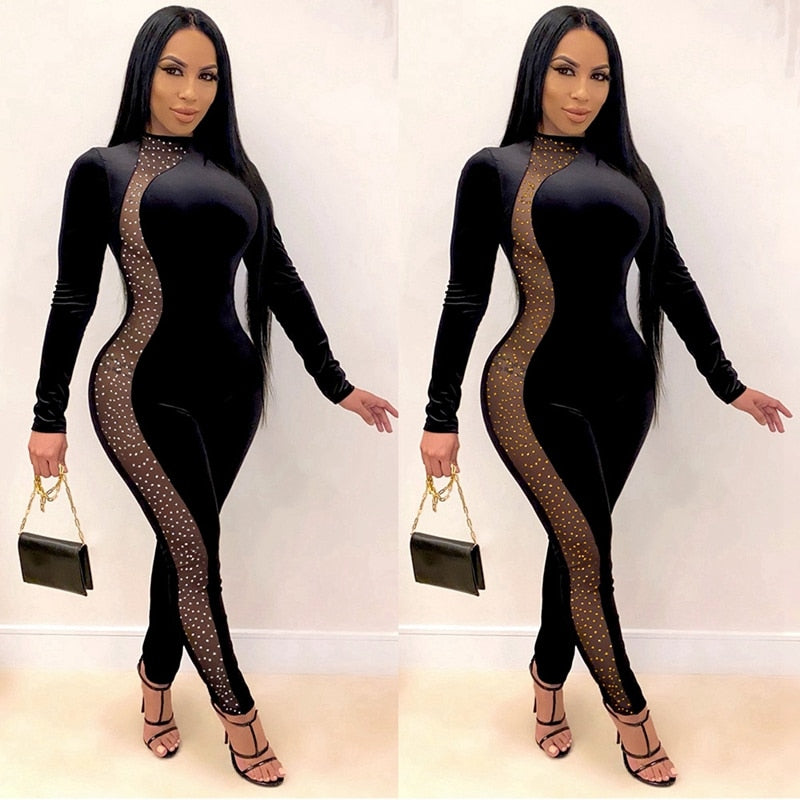 Velvet Rhinestone Patchwork Mesh Bodycon Jumpsuit