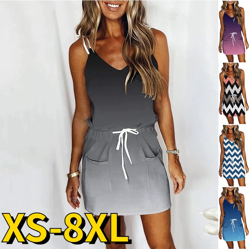 Geometric/Striped/Ombre Sleeveless V-Neck Loose Slim Sleeveless Drawstring Mini Dress to 8x Plus Size