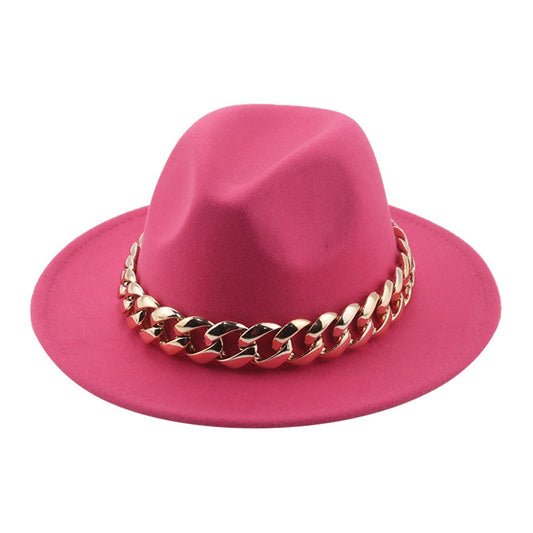 Unisex Gold Chain Design Wide Brim Panama Fedora Hat