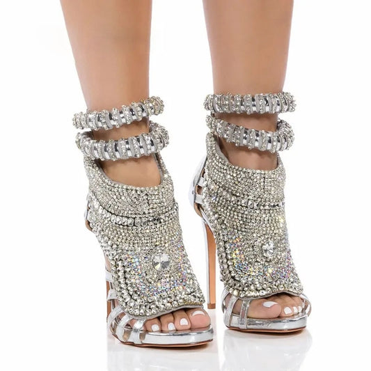 Glitter Crystal Stiletto Rhinestone Peep Hollow Sandal Ankle Boots