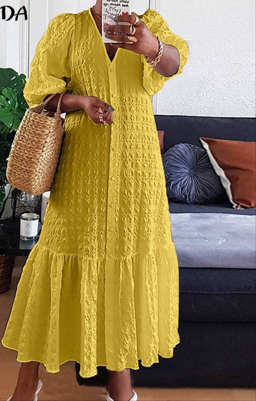 Solid Ruffled Hem Bohemian Button-Up V-Neck Puff 1/2 Sleeve Maxi Shirt Dress to 5X