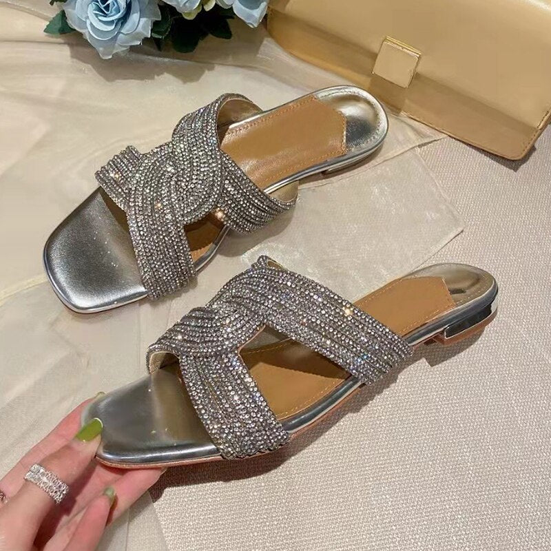 Rhinestone High Heel Peep Toe Crystal Cross Strap Mule Sandals