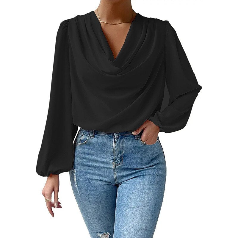 Draped Chiffon Lantern Sleeve Loose Blouse