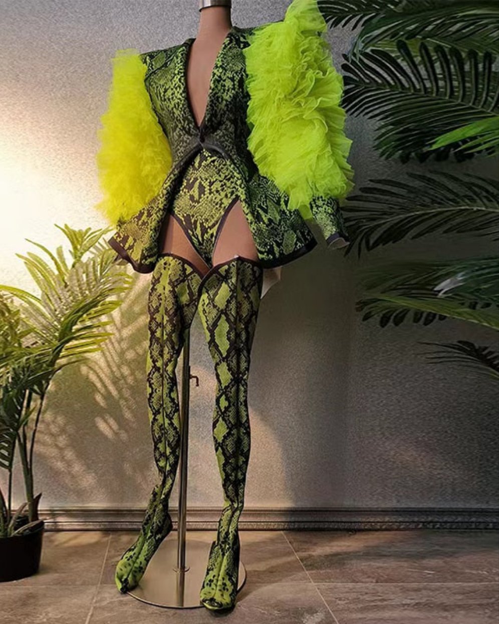 Fluorescent Green Snake Print Leotard Bodysuit, Blazer & Matching Over-The-Knee Boots 3-Piece Set